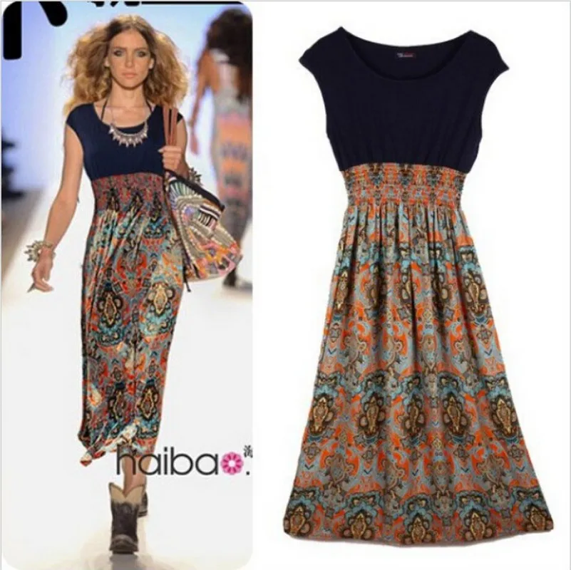 Женское длинное пляжное платье повседневное лоскутное с винтажным принтом в