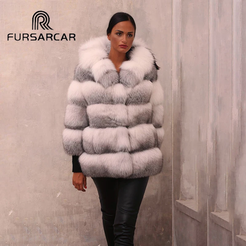 FURSARCAR Для женщин Роскошные натурального меха лисы пальто с капюшоном из