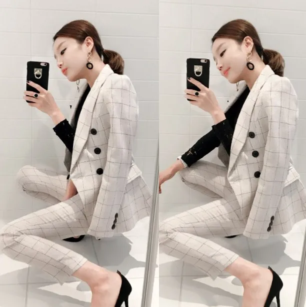 High Quality New Spring and Autumn Korean Fashion Double-breasted Slim Waist Small Suit Plaid Casual Jacket Two-piece Female | Женская