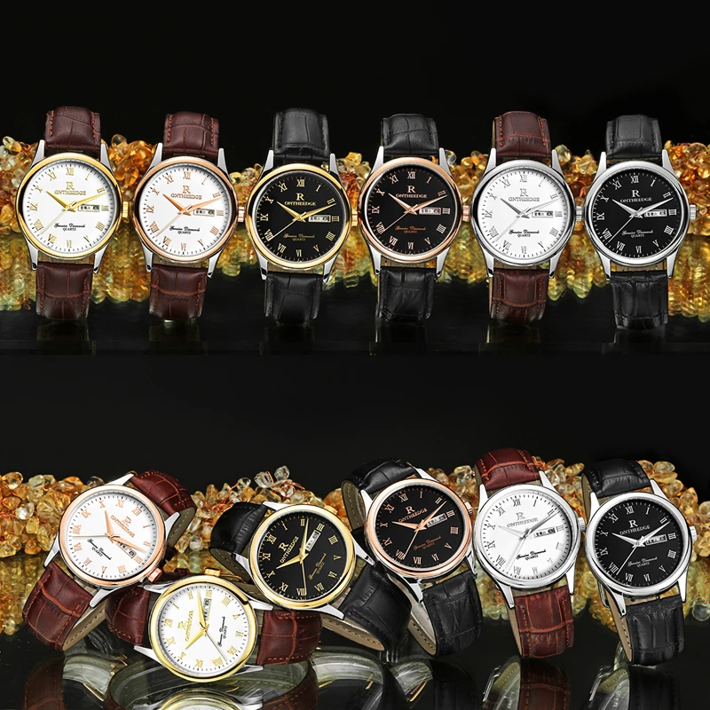 Мужские кварцевые часы RONTHEEDGE модные деловые с кожаным ремешком подарочной