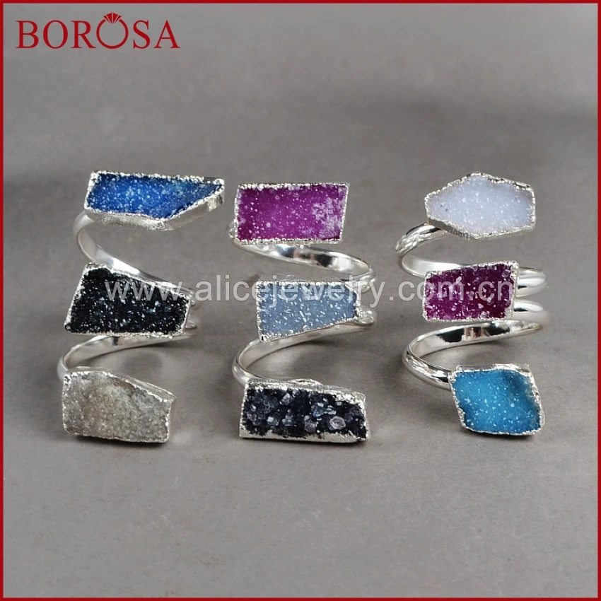 BOROSA Три Камни Друза кольцо окрашенный цвет натуральный Агаты Drusy Geode Серебристый