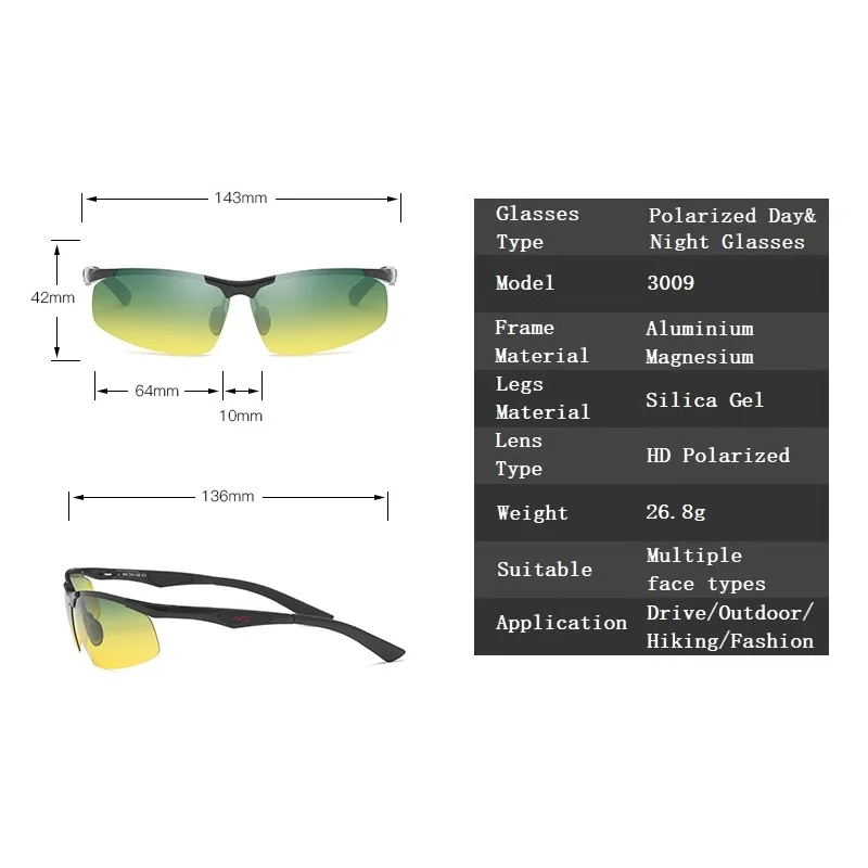 YSO Sunglasses Men Polarized UV400 Aluminium Magnesium Frame HD Night Vision Driving Glasses Semi Rimless Accessory For 3009 | Аксессуары