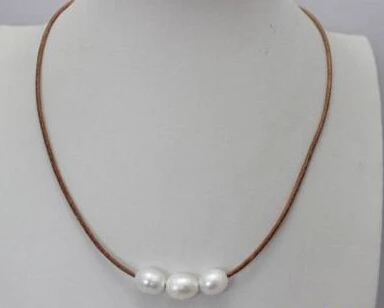 3 бусины основной цвет из натуральной кожи белый пресной воды Жемчужное Necklace17 