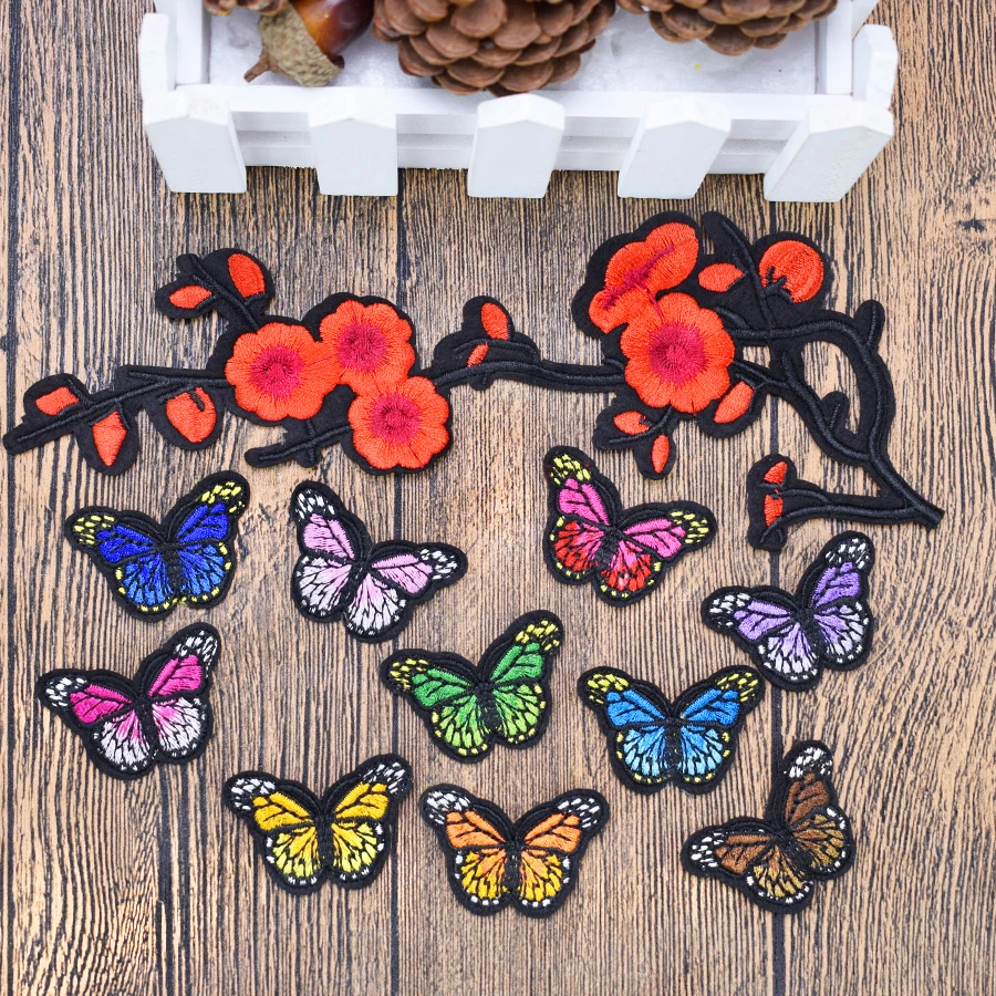 1 шт. нашивки с вышитыми цветами сливы для одежды железные бабочки аппликация