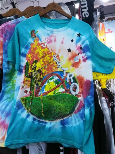 Футболки Трэвиса Скотта ASTROWORLD,, мир, смайлик, галстук-краска, цвета, Трэвиса Скотта, футболка для мужчин, унисекс, 1:1, большой размер, ASTROWORLD, футболка - Цвет: 1