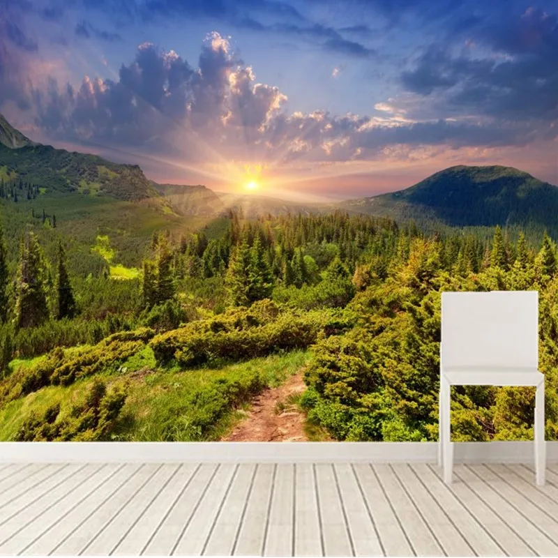 Пользовательские 3D горы подъемы и подсолнухи лесные деревья лучи света