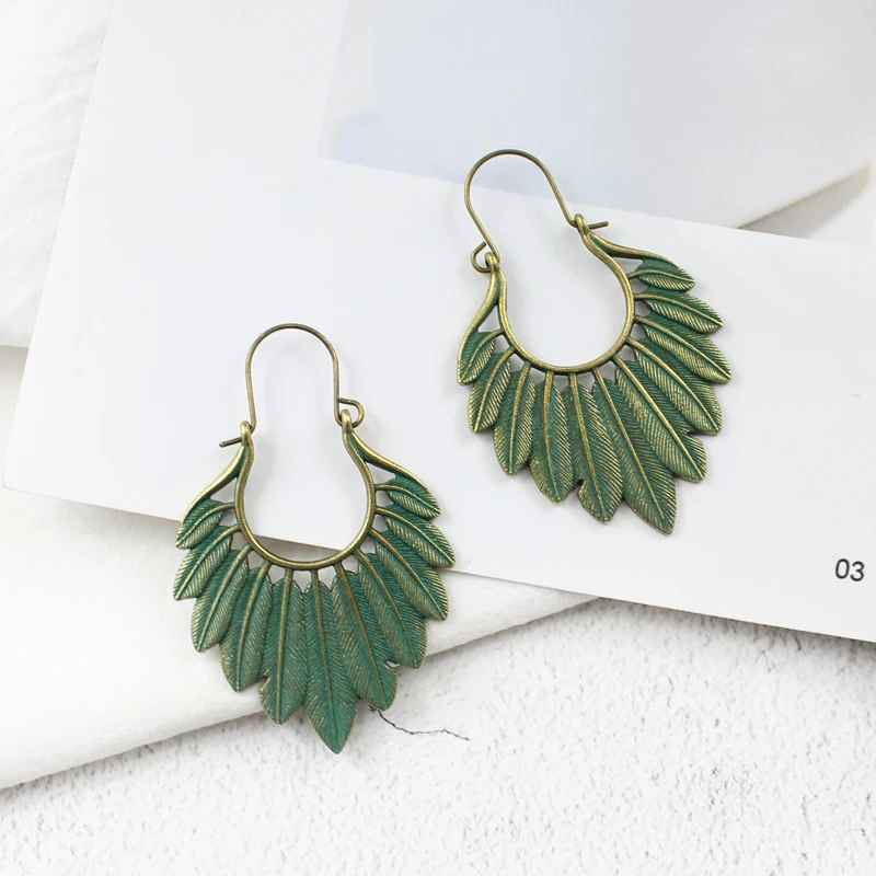 Богемные зеленые бронзовые Подвесные серьги-капли с листьями пальмы для женщин