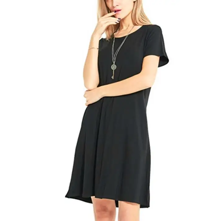 Платье женское черное синее с коротким рукавом и о-вырезом | Женская одежда