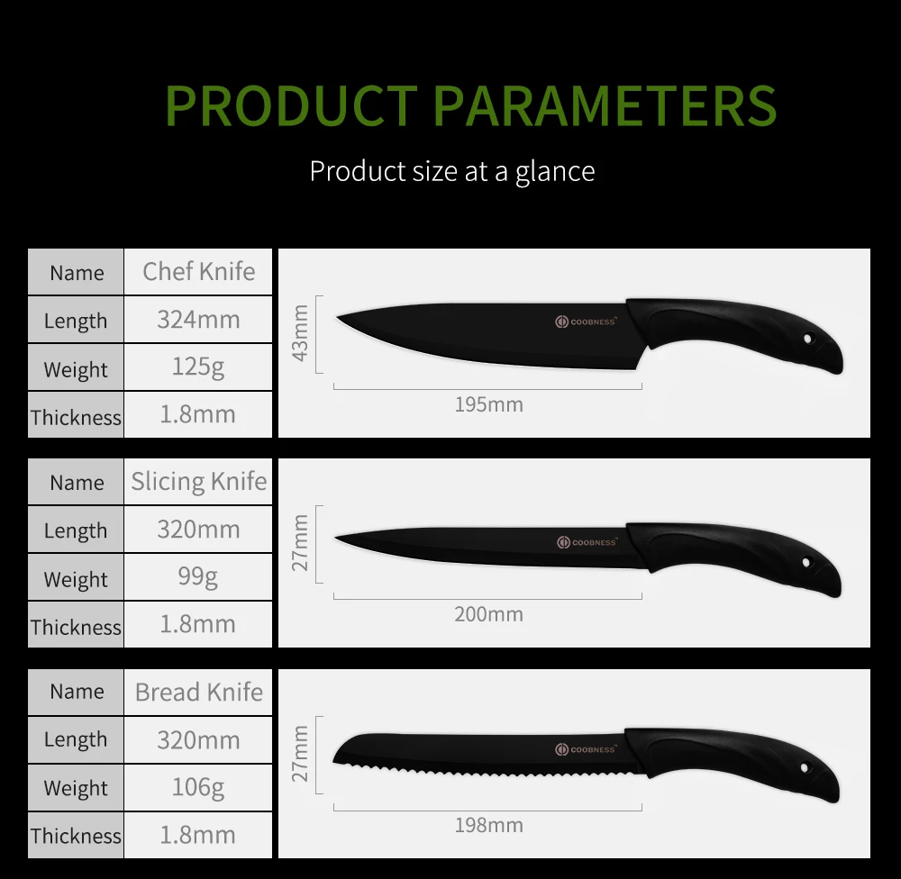 COOBNESS Professional Kitchen Knife Meat Vegetable Chopper Knives 3Cr13 Steel Bread Santoku Knife PP+TPR Handle Knives Tools