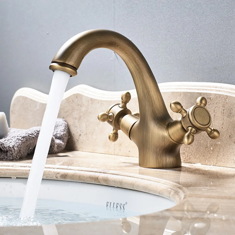 Античный латунный bethoom кухонный кран с поворотным носиком двумя перекрестными