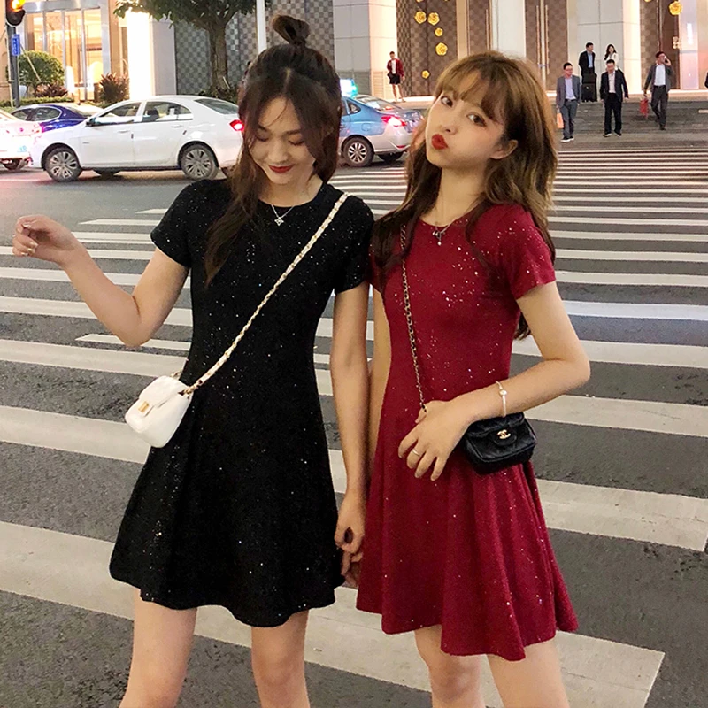 2019 новое летнее корейское винтажное женское блестящее черное платье с коротким