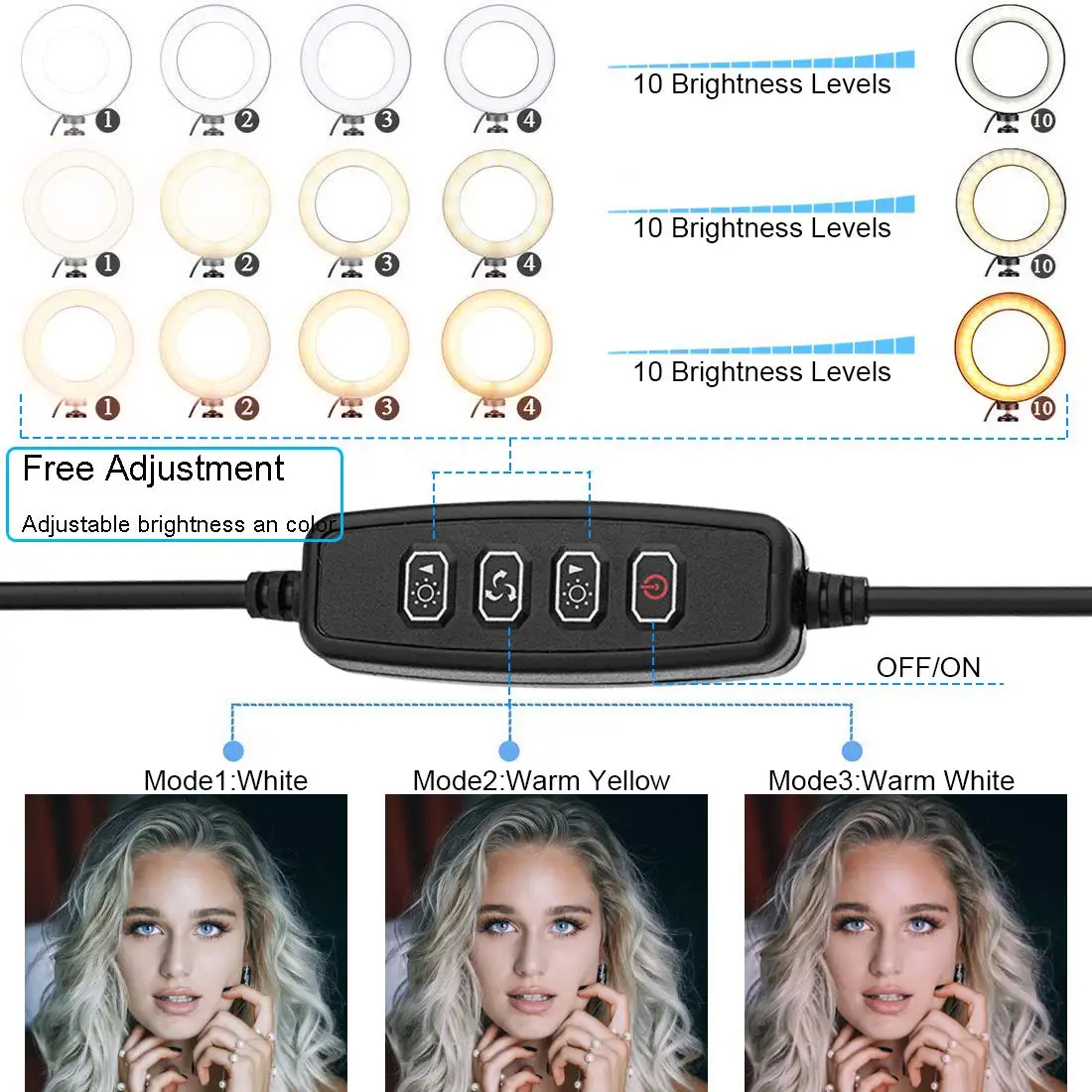 Портативный светодиодный кольцевой светильник с регулируемой яркостью и USB