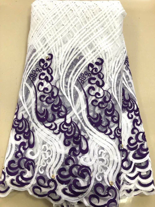 Белая фиолетовая молочная шелковая кружевная ткань нигерийская высокого
