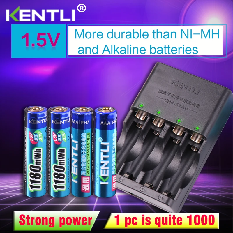 

KENTLI 4pcs 1.5v aaa 1180mWh Rechargeable Li-ion Li-polymer Lithium battery + 4 slots AA AAA lithium Smart Charger