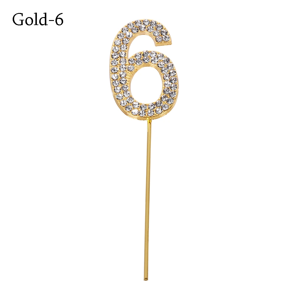 Gold-6 1 шт., топпер для торта с цифрами "0-9", золотой Шипованный бриллиант, Топпер для торта на десерт, годовщину, день рождения, украшение, свадебные принадлежности - Цвет: Gold-6