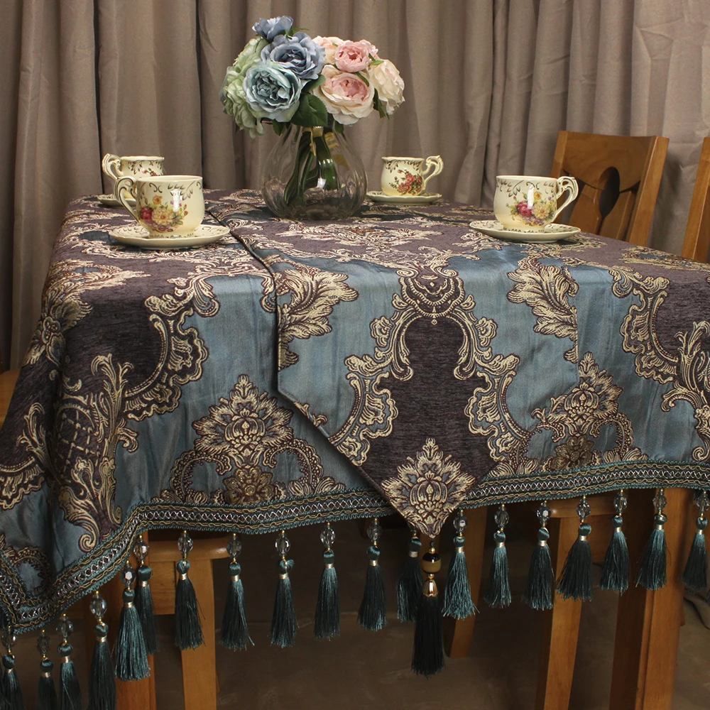 Темно синяя шенилловая жаккардовая роскошная классическая скатерть