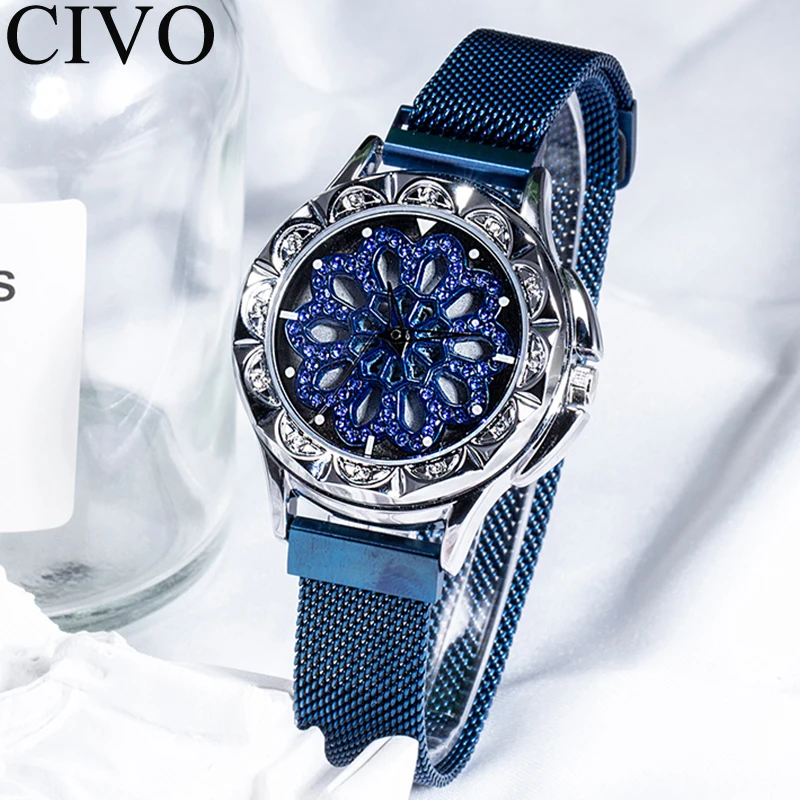 CIVO Роскошные ЖЕНСКИЕ НАРЯДНЫЕ часы женский, сетчатый ремешок аналоговые водонепроницаемые часы поворотный диск женские кварцевые часы в стиле кэжуал Montre Femme