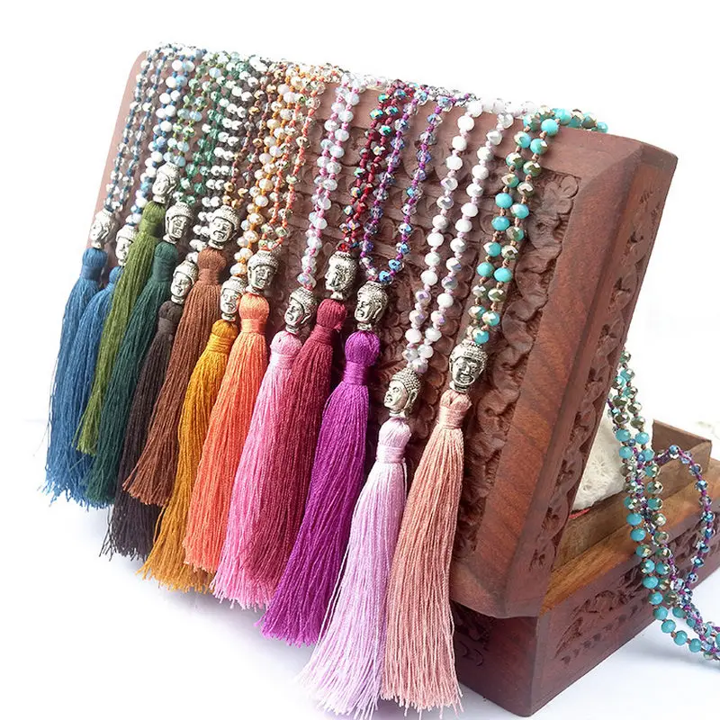 

Vintage Bohemian Tassel Pendant Necklace 4MM Glass Beads Knotted Long Chain Charms Tassels Necklace For Women Jewelry Girls Gift
