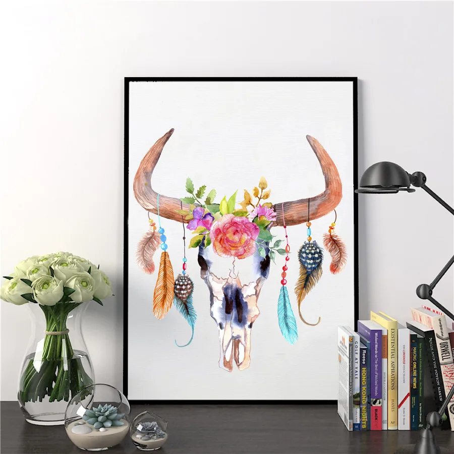 Богемный акварельный олень постер с изображением черепа художественные принты