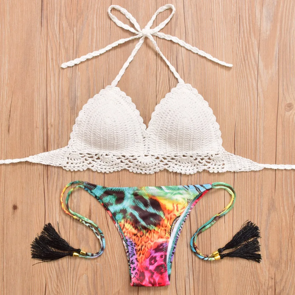 Стринги комплект с вязаным купальником Для женщин строка Холтер Бикини
