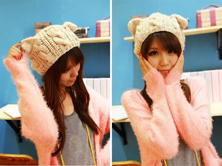 Women Lady Girls Winter Warm Knitting Wool Cat Ear Beanie Ski Hat Cap