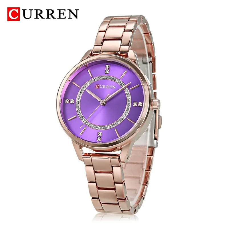 CURREN, горячая распродажа, часы для женщин, брендовые, модные, женские, нарядные часы, женские, нержавеющая сталь, кварцевые, водонепроницаемые часы, Montre Femme - Цвет: Rose Gold Purple