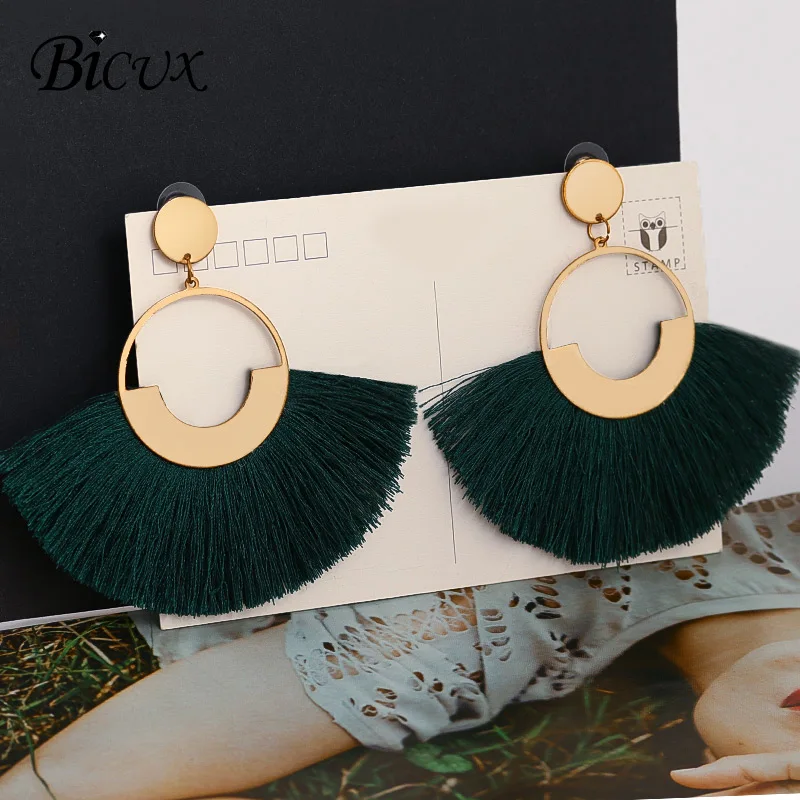 Green 4 BICUX, модные богемные массивные серьги с большими кисточками,, красные, желтые, зеленые, шелковые висячие серьги из ткани для женщин, ювелирные изделия - Окраска металла: Green 4