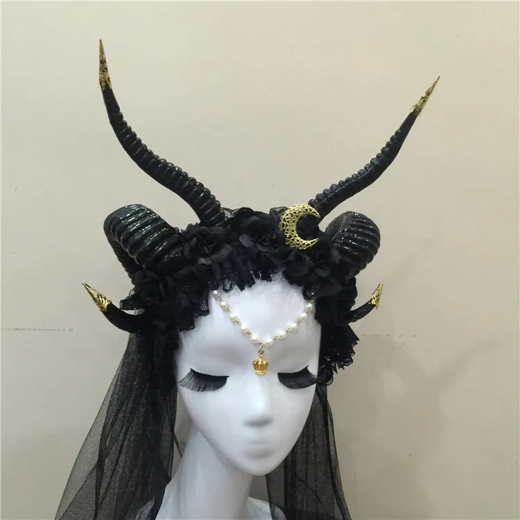 

Gothicpunk Ram Horns Headband with Moon Steampunk Hair Accessorygoat Horn Headband Horns Headpiece Hair Accessories