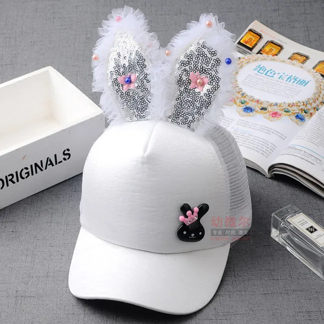 Rabbit ears white Милые бейсбольные кепки с блестками и заячьими ушками для девочек, детские сетчатые бейсболки с Минни Маус, летние Регулируемые головные уборы с украшением - Цвет: Rabbit ears white