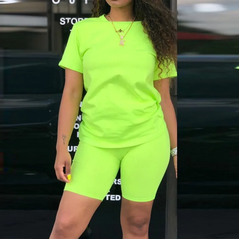 neon green Летний комплект из двух предметов с шортами, неоновый зеленый женский топ с коротким рукавом и шорты, спортивный костюм, байкерские костюмы, комплект из двух предметов - Цвет: neon green