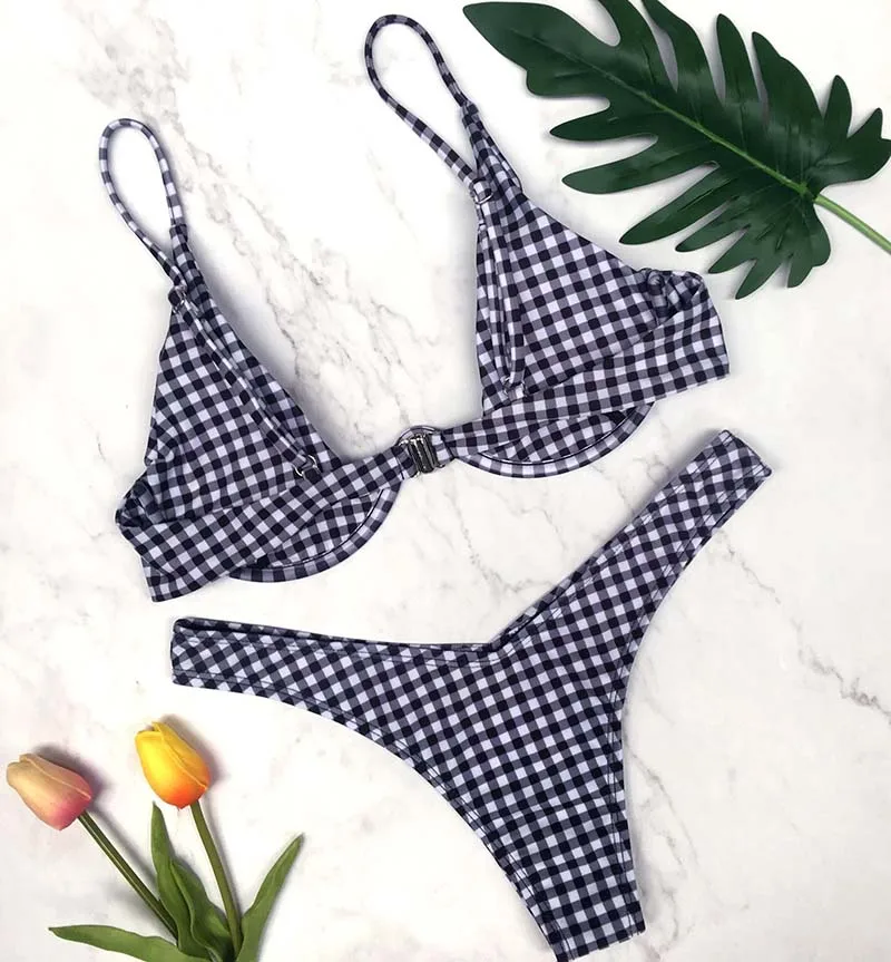 2017 High Cut стринги ванный комплект Высокая Талия Плавание плед одежда Для женщин