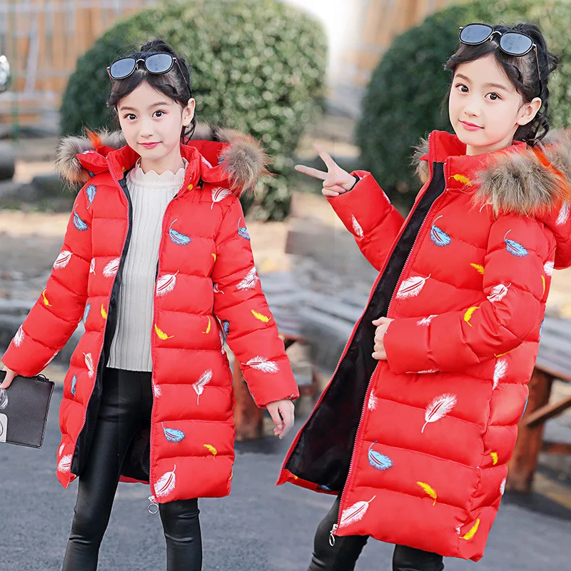 Теплые куртки с капюшоном и большим меховым воротником для девочек пальто