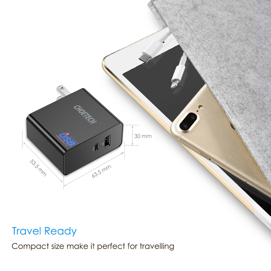 CHOETECH 51 Вт двухпортовое настенное зарядное устройство usb type-C с питанием от сети USB дорожное зарядное устройство складная вилка для iphone x для samsung S8