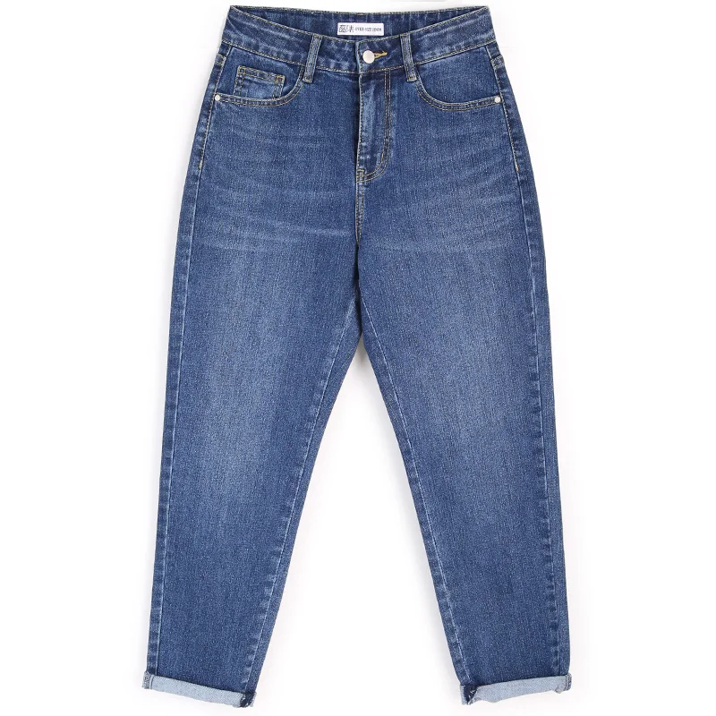 Autumn Casual Style Light Washed Full Length Medium Blue Plus Size 50-120kg Loose Harem High Waist Jeans Women 7090 |