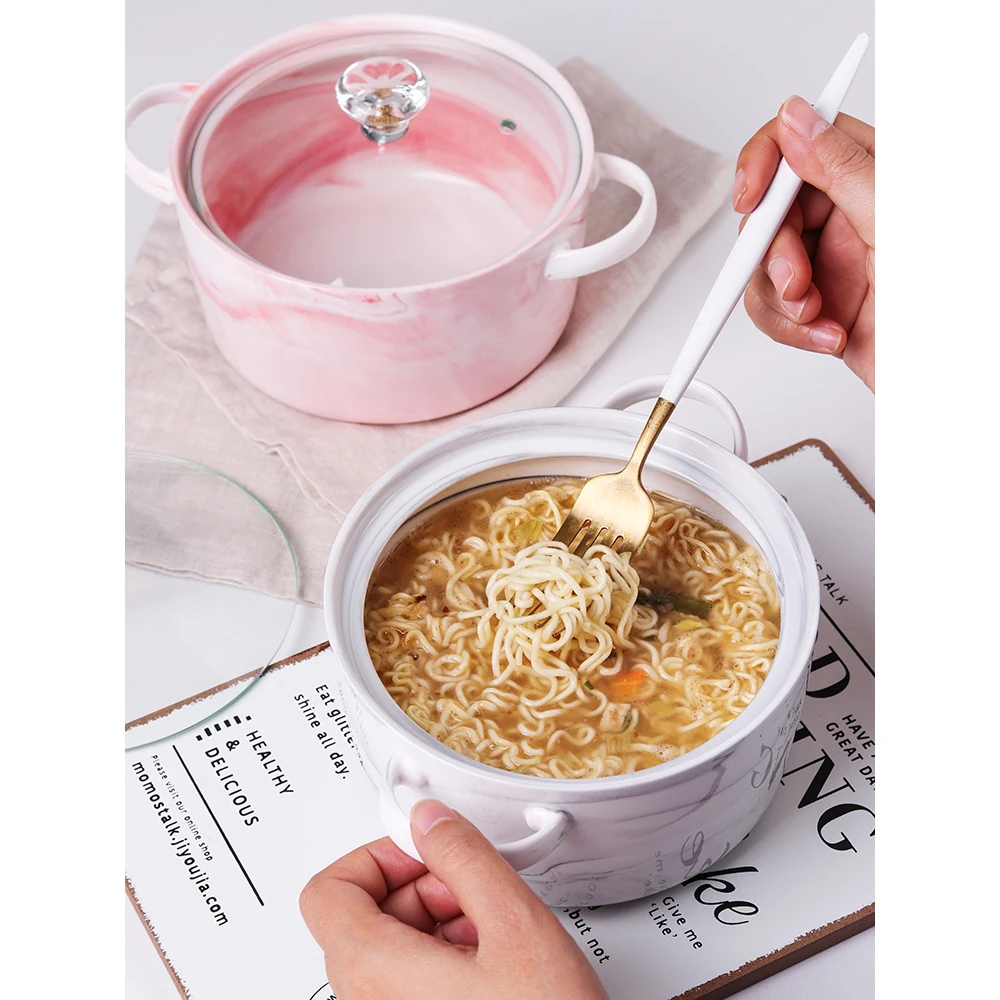 

Creative Ceramic Bowl Nordic marbled ceramics double ear instant noodles bowl with lid student bowl home Kitchen tableware