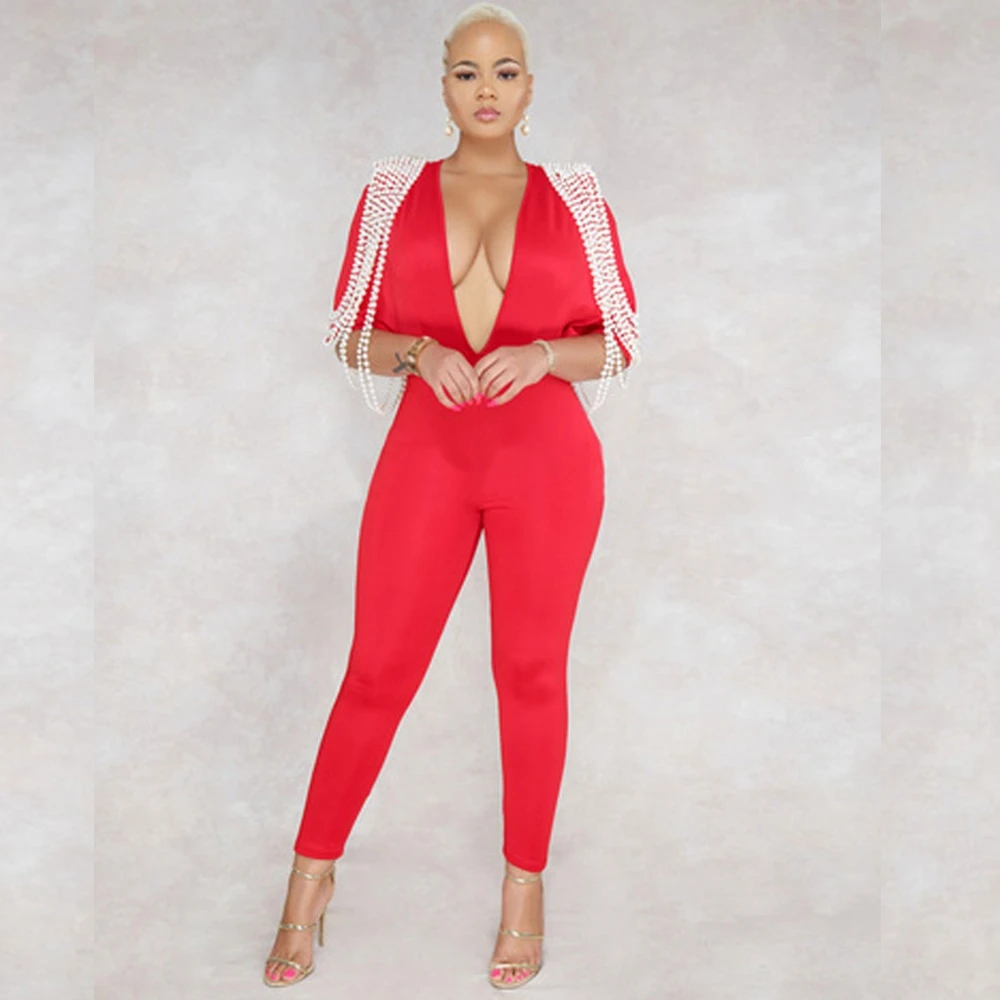 Женский комбинезон с коротким рукавом элегантный красный бандажный V-образным