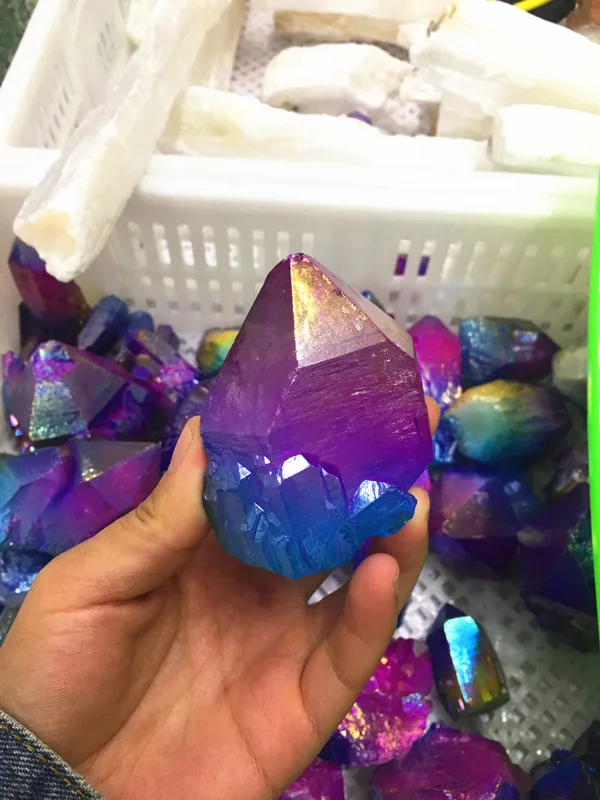Красивый Красочный Фиолетовый Желтый Синий кварцевый кристалл Aura титановый