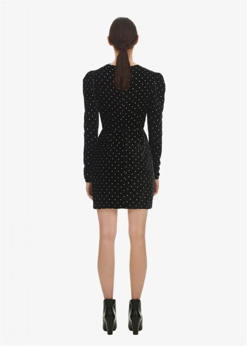 Женское винтажное мини-платье с длинным рукавом черное бархатное платье в