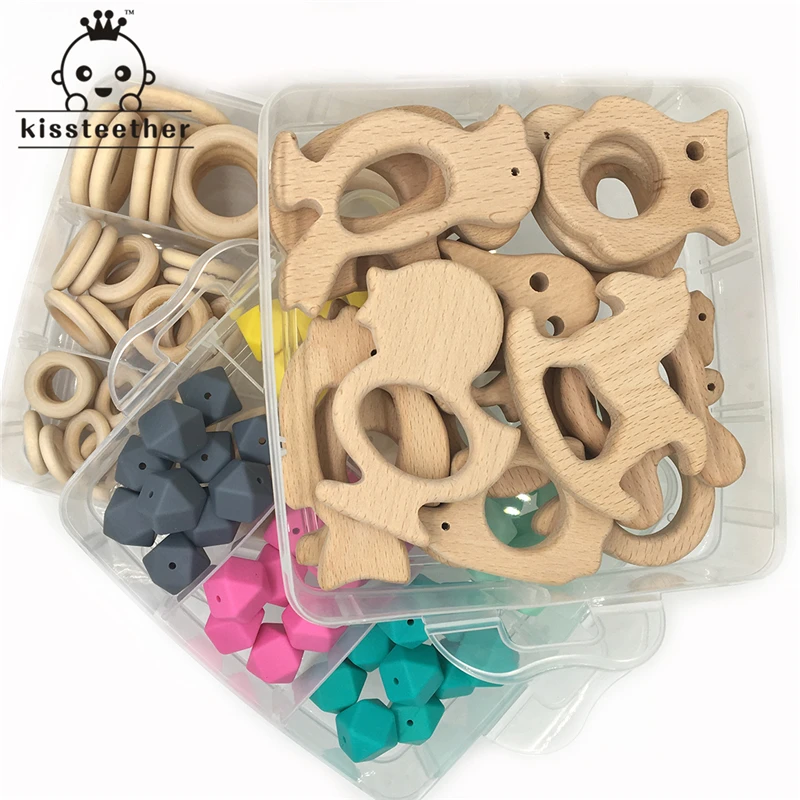

3 Boxed Wooden Animal Mixed Color 0.67"(17mm) Geometric Hexagon Silicone And Baby Wooden Rings For DIY Baby Teether Accessories