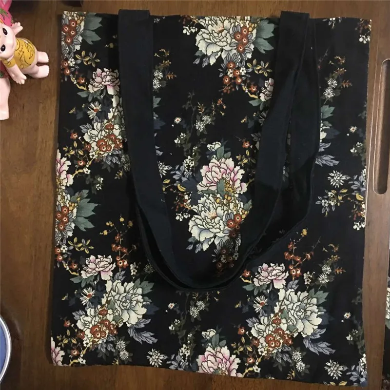 

YILE Black Lining Cotton Linen Eco Shopping Tote Shoulder Bag Peony Flower 1756-3