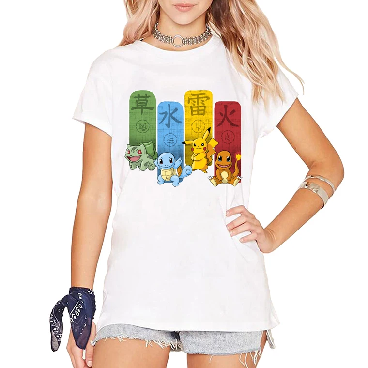 Women Cute Anime t-shirts Ghibli Elemental Charms/Pokemon Kanji Monsters Printing Tshirt Short Sleeve Hipster Comics tee | Женская