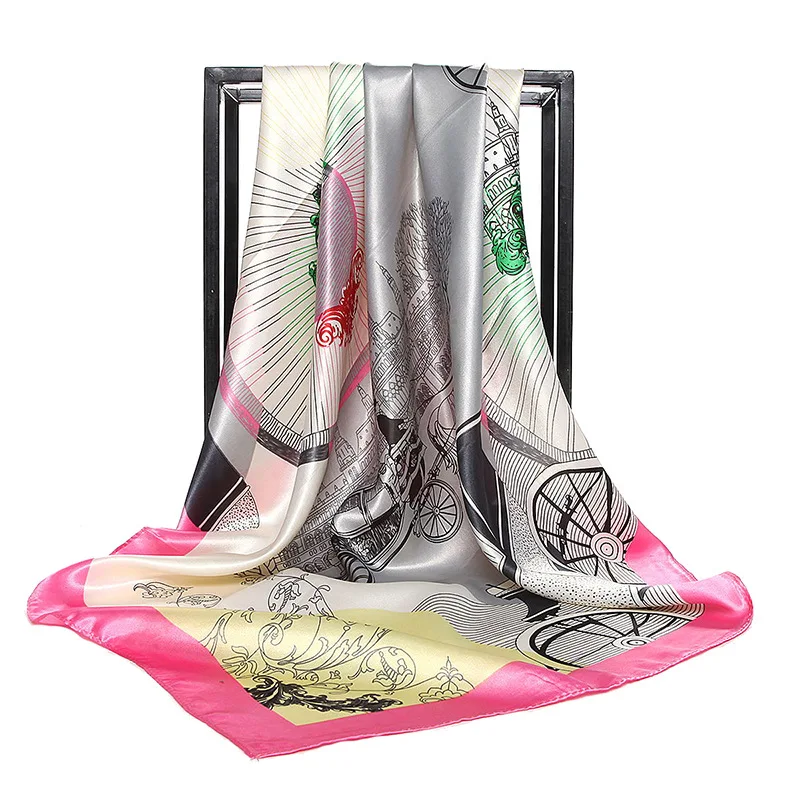 Navy orange Hijab Shawl Scarf Women Satin Fashion Retro waterwheel Printed Female Square Scarves Head Wraps 2018 NEW 90x90cm | Аксессуары