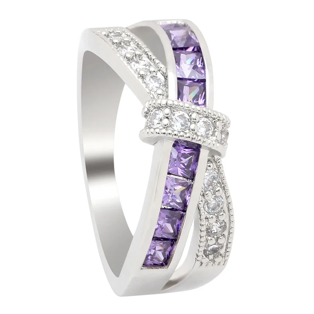 Engagement Ring for Girlfriend Gift Cross Pink Red Birthstone Zircon Princess Women Wedding Purple Blue Silver Color Jewelry | Украшения и