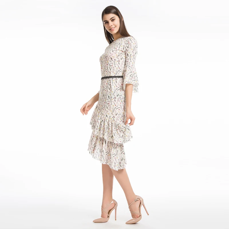 LERFEY Женщины Элегантный Boho Цветочный Печати Пляж Лето Dress Оборками Повседневная