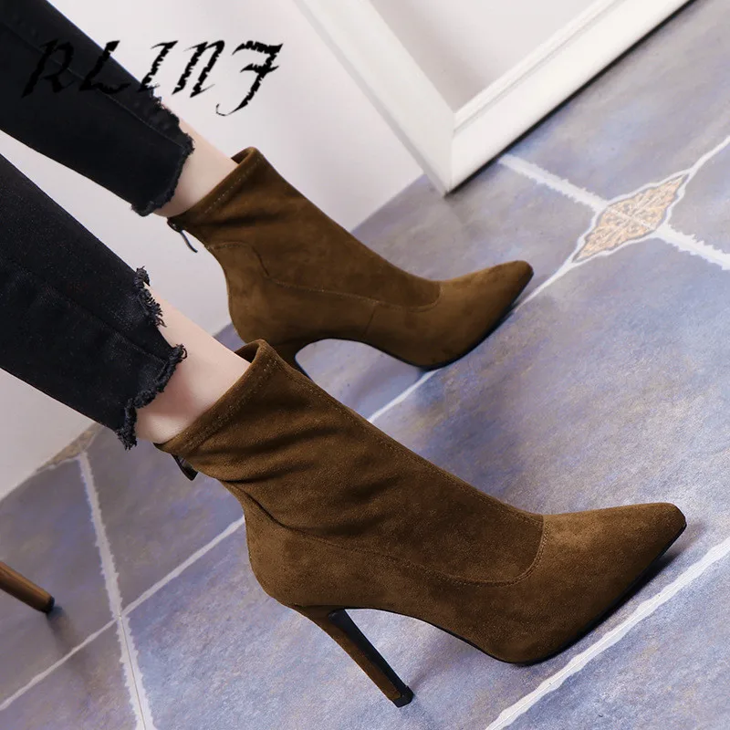 RLINF/Новые эластичные пикантные женские ботинки на высоком тонком каблуке шпильке