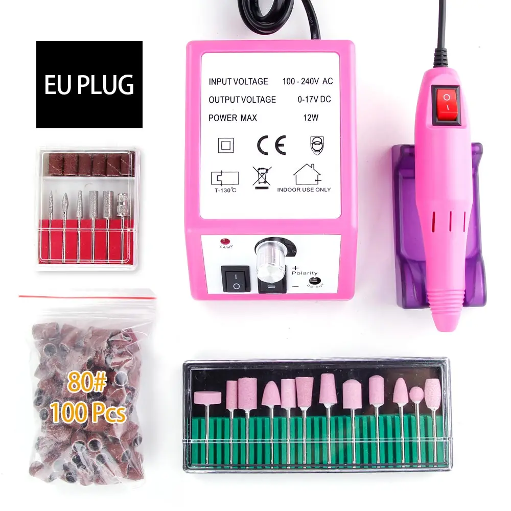 Pink EU PLUG 80 Профессиональный электрический аппарат для маникюра, педикюра, инструменты, 100 шт., шлифовальные ленты, 12 шт., кварцевые сверла для ногтей, инструменты для ногтей - Цвет: Pink EU PLUG 80