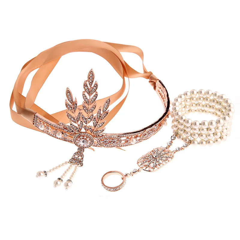 Rose gold Женский арт-деко 1920s винтажный свадебный головной убор для костюма аксессуары для волос и браслет Great Gatsby Аксессуары для платья - Цвет: Rose gold