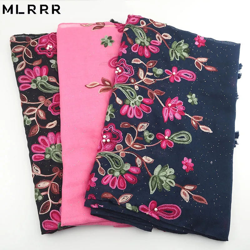 MLRRR новый модный длинный шарф из хлопка с золотой пудрой вышивкой и жемчугом