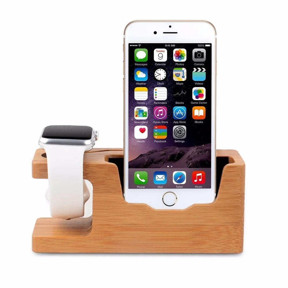 

2in1 Wood Charging Dock Stand Station Bamboo Base Charger Holder For Apple Watch iWatch iPhone 11 pro x MAX