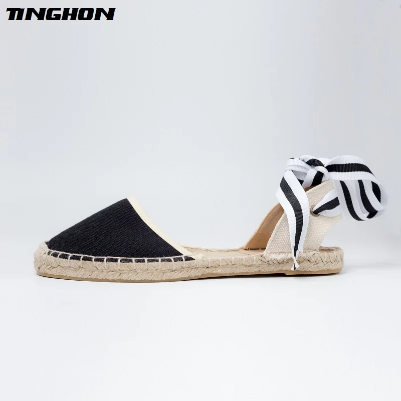 TINGHONSummer/парусиновые женские эспадрильи с ремешком на щиколотке; Босоножки на платформе в полоску; Цвет черный, бежевый; женские сандалии на плоской подошве со шнуровкой